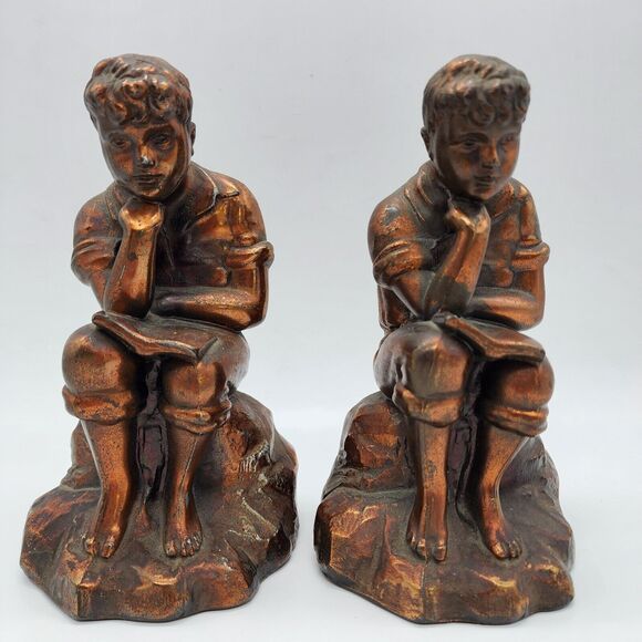 Pair of Antique Bookends Boy Reading Cast Metal Bronze Finish Office Decor MCM - Picture 2 of 15